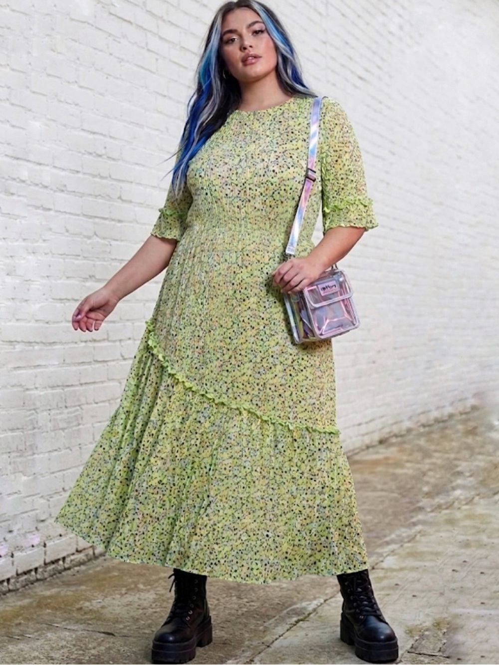 ASOS Curve Lime Green Floral Plisse Maxi Dress Flutter Sleeve Plus Size Large